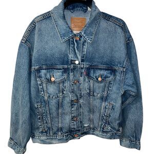 Levi’s Premium Italian Denim Trucker Jacket Mens Sz L Distressed Streetwear Boho